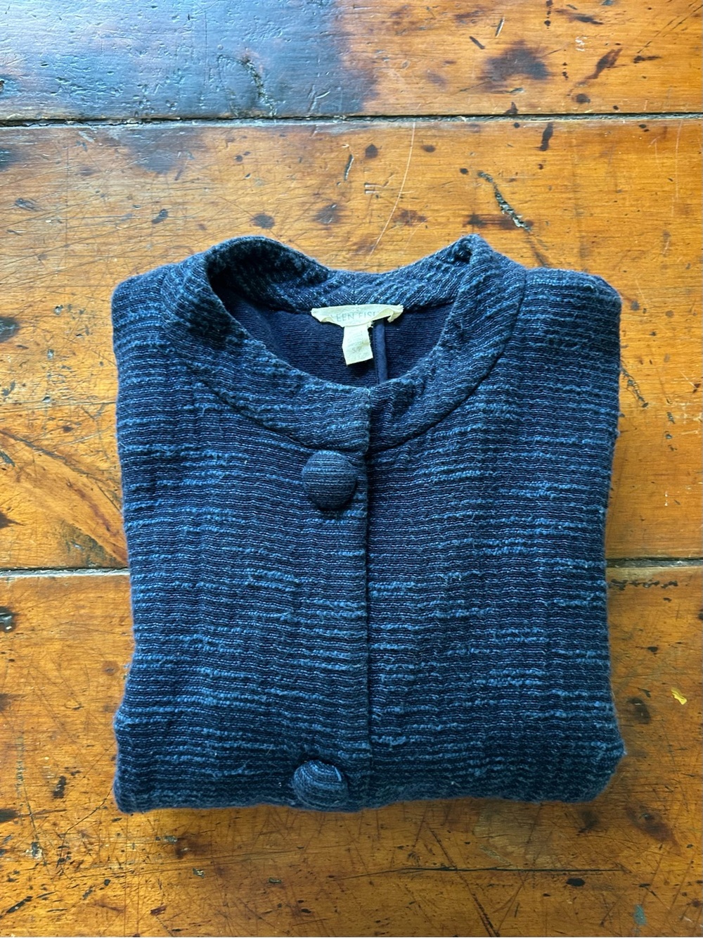 Eileen Fisher 100% Cotton Navy Textured Button-Front Jacket S/P